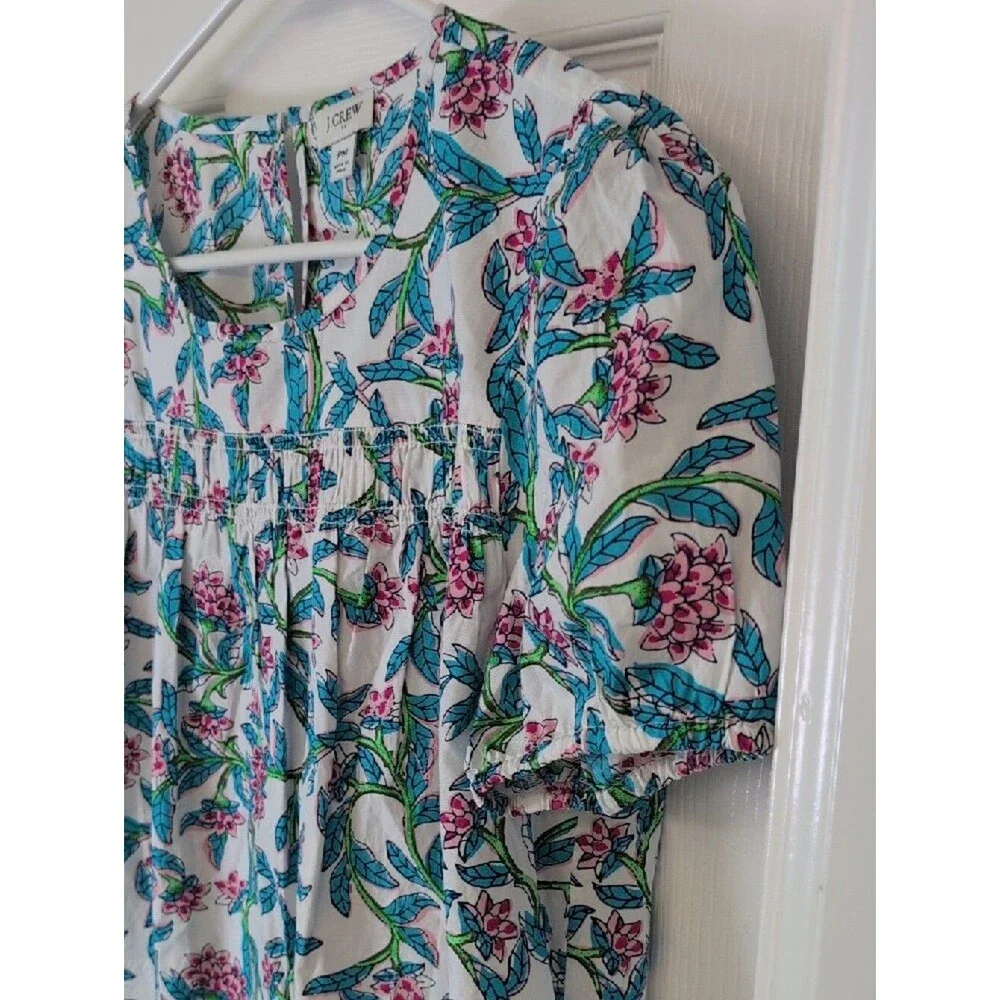 J. Crew 100% Cotton White Floral Puff-Sleeve Blouse Size PM